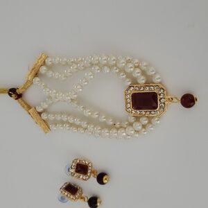 Fashion Gold Red White Pearl Necklace Earring Jewelry Set